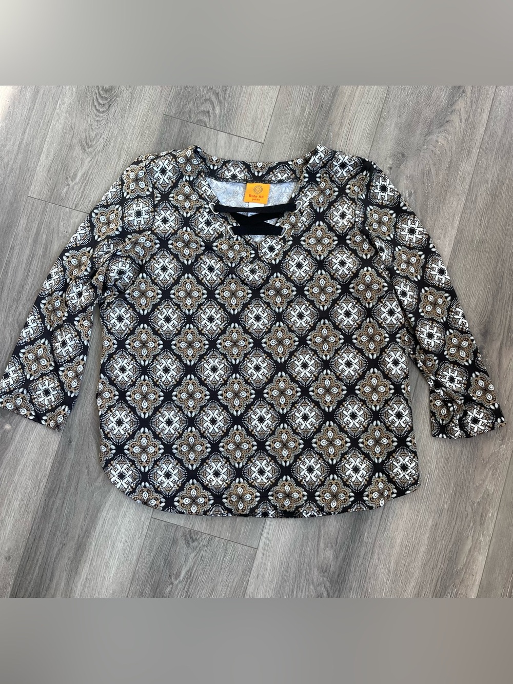 Ruby Rd Petite PL Black Brown Medallion Print Lace-Up Neck Top